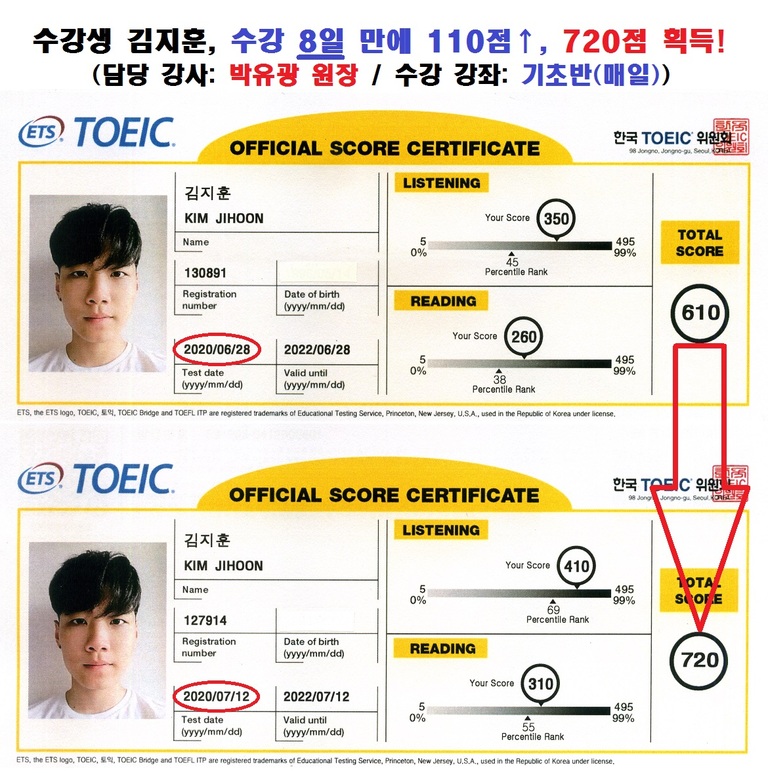 수강생 김지훈 성적표 및 수강 후기 (610점 -> 720점) [8일 만에 110점 상승!]